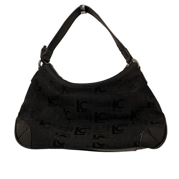 Liz Claiborne Womens Handbag Purse Black Logo Print Medium Silver Detail - Picture 1 of 6